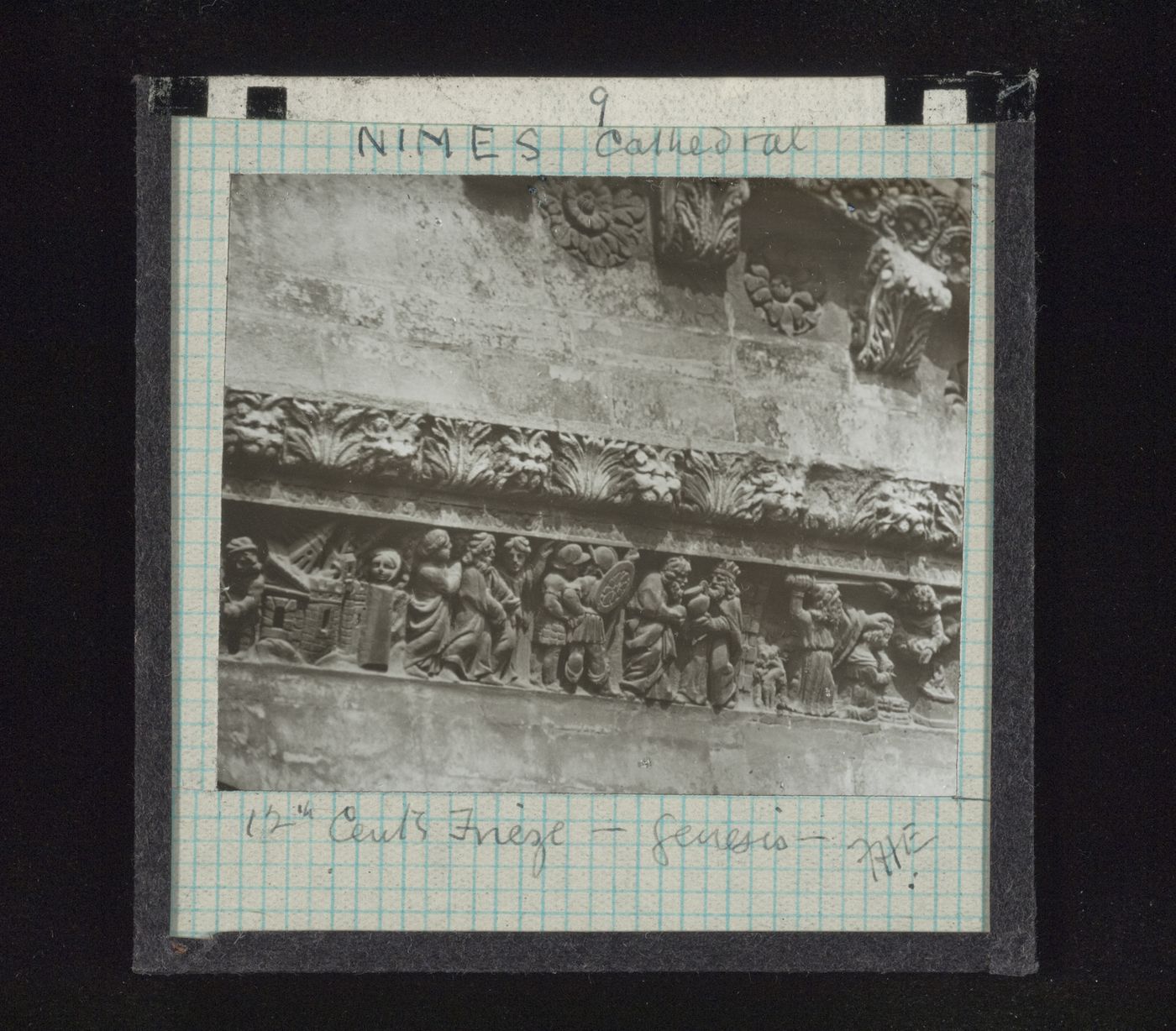 Detail view of frieze of cathedral facade with relief sculpture from Book of Genesis, Nîmes, France