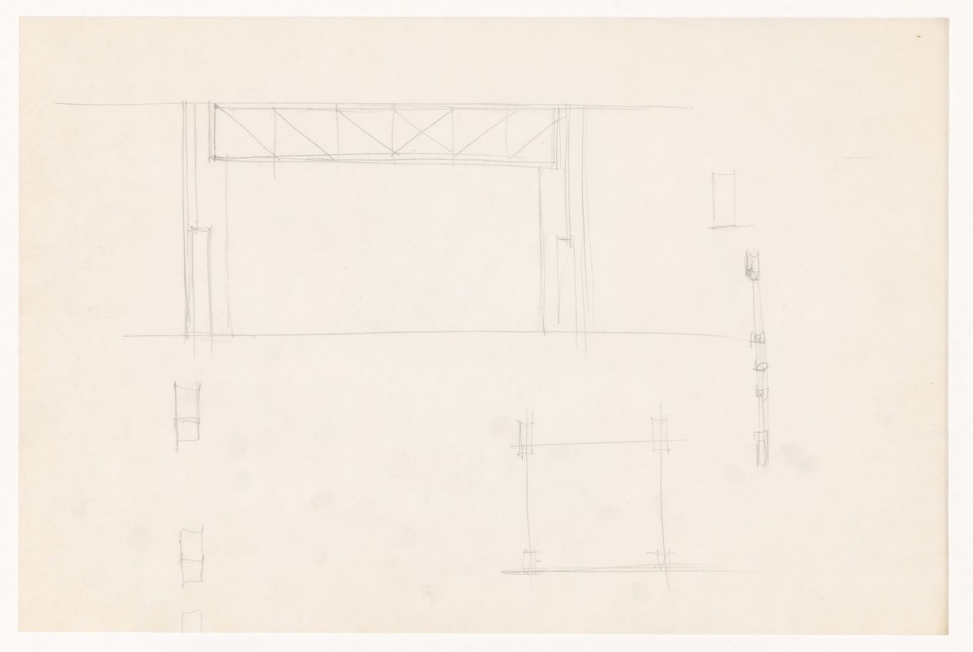 Sketch elevation showing truss, partial sketch plan and detail sketches for the Gymnasium