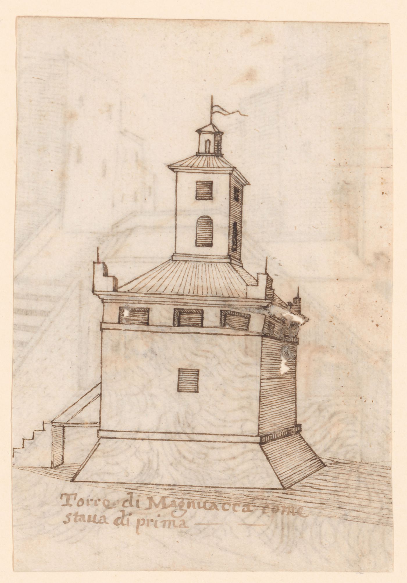 View of the Torre di Magnavaca; verso: View of a bridge over a canal