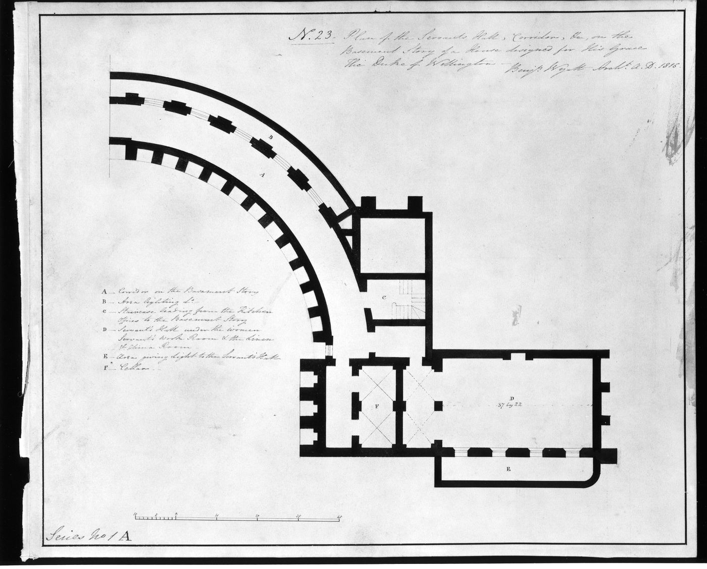 Plan of the servants' hall and corridor of the basement storey, Waterloo Palace (Series 1A)