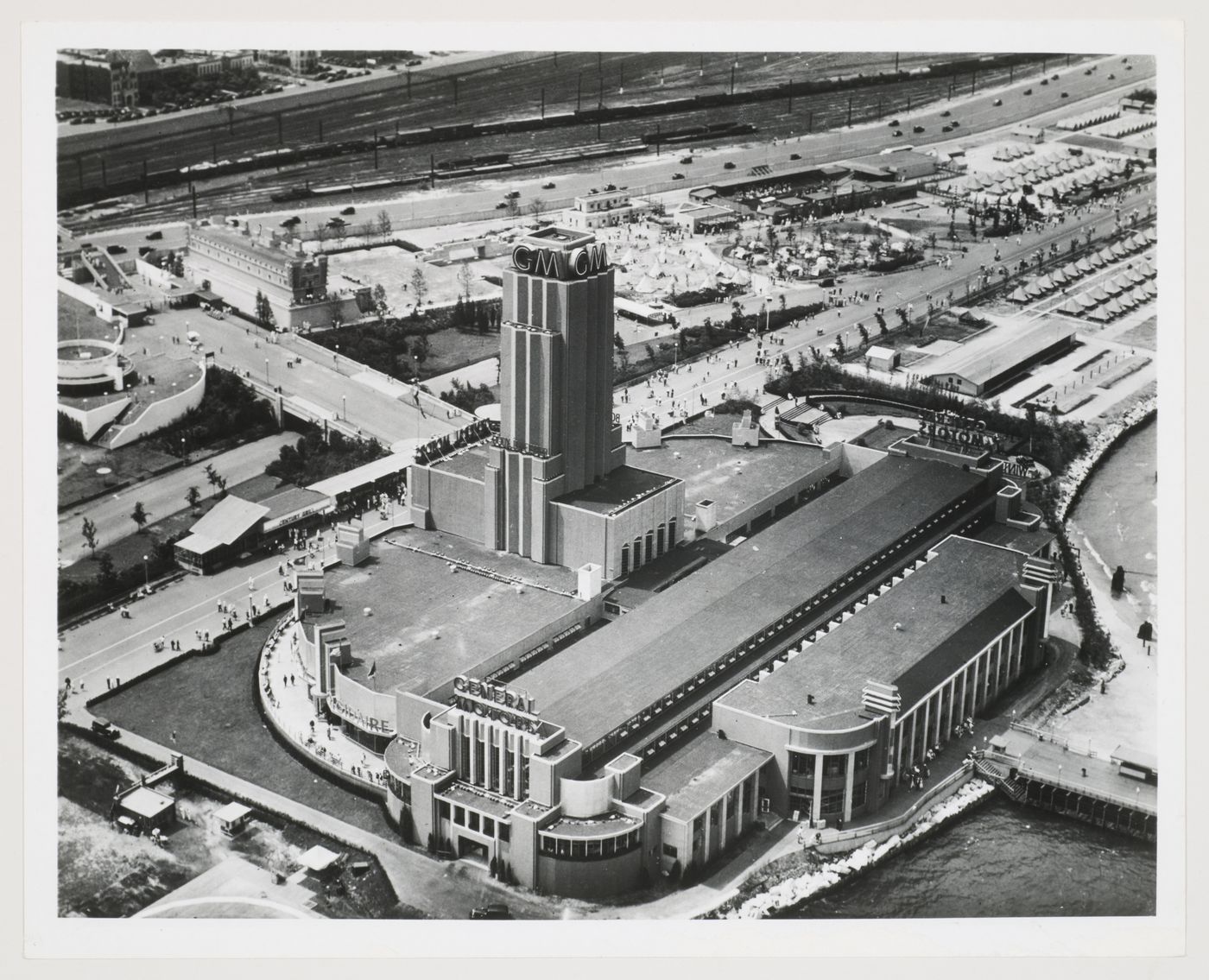 Aerial view of the General Motors Corporation pavilion showing the surrounding fair expositions, 1933-1934 Chicago World's Fair, Chicago, Illinois