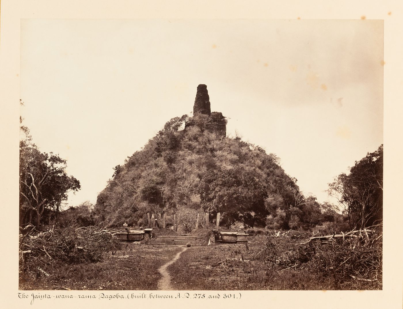 View of the Jetavanaramaya with its entrance pavilion in the foreground, Anuradhapura, Ceylon (now Sri Lanka)