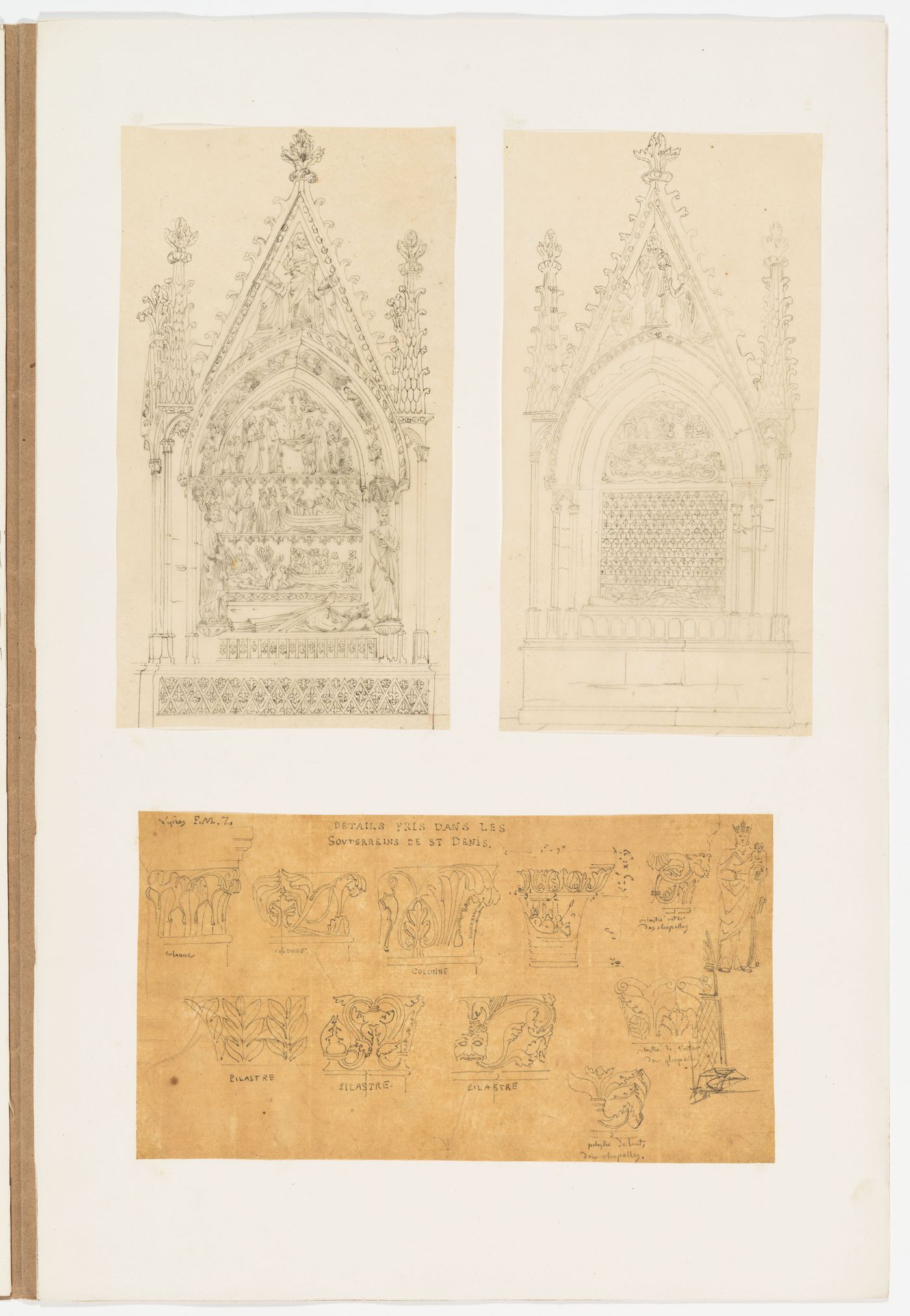 Two drawings of ornate carved Gothic tombs with gabled canopies; Details from the les "souterrains" of Saint-Denis, mainly capitals