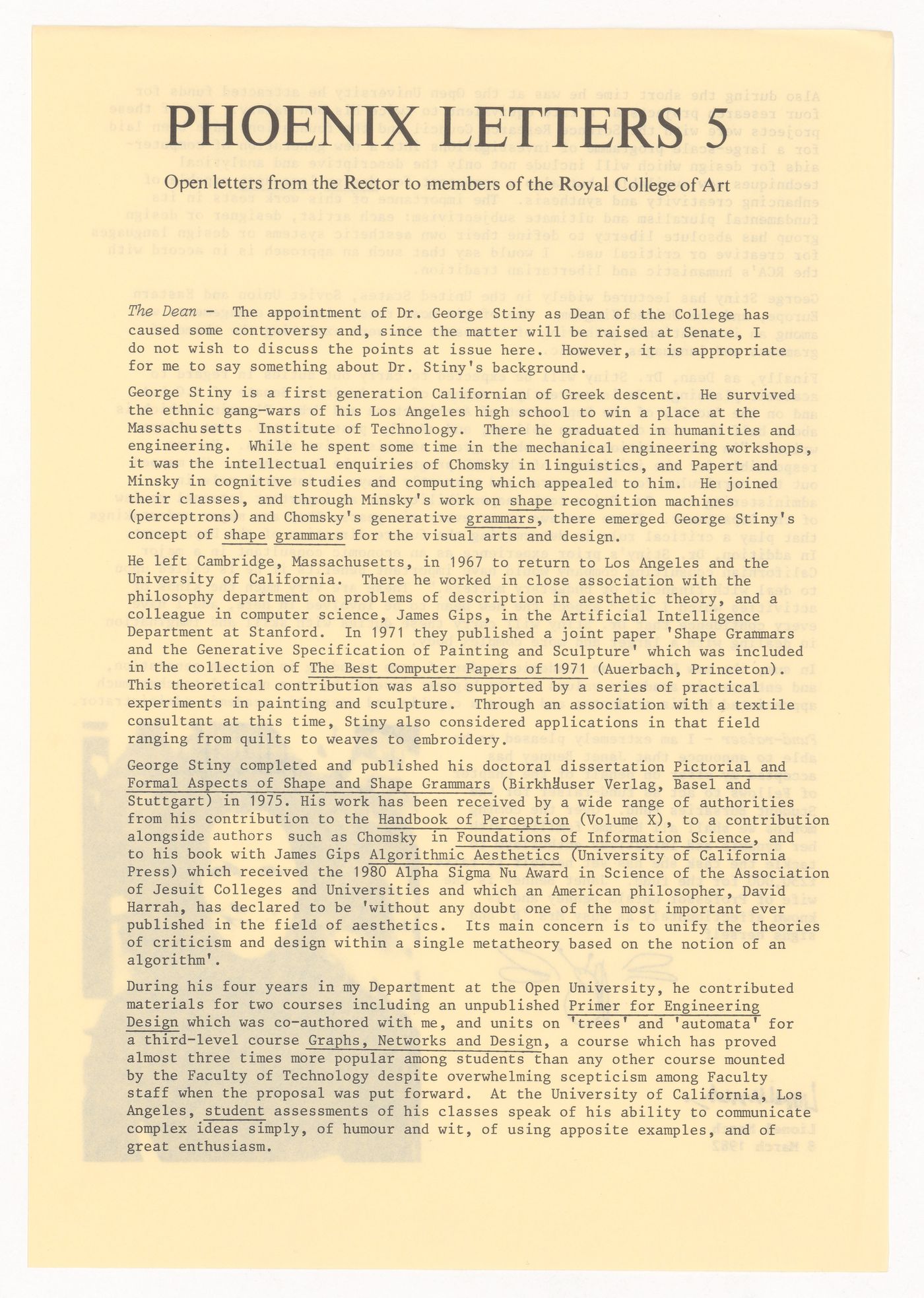 Open letter by Lionel March for the Royal College of Art publication "Phoenix Letters"