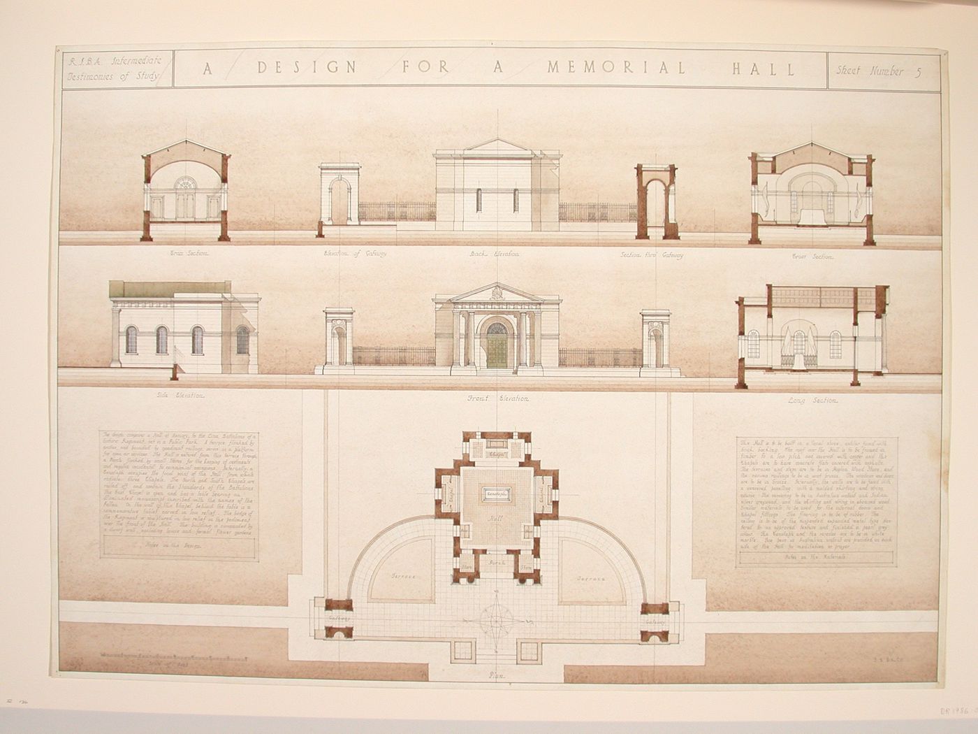 Testimony of study drawing showing plan, elevations and sections of a design for a Memorial Hall