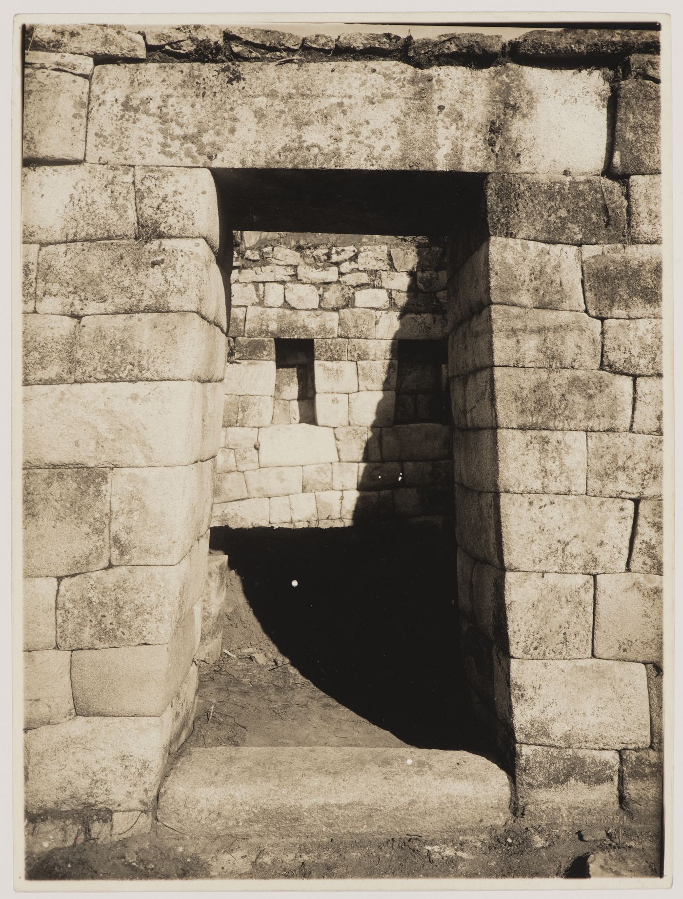 View of a courtyard, entrance and interior of an unidentified building, King's Group, Machu Picchu, Peru