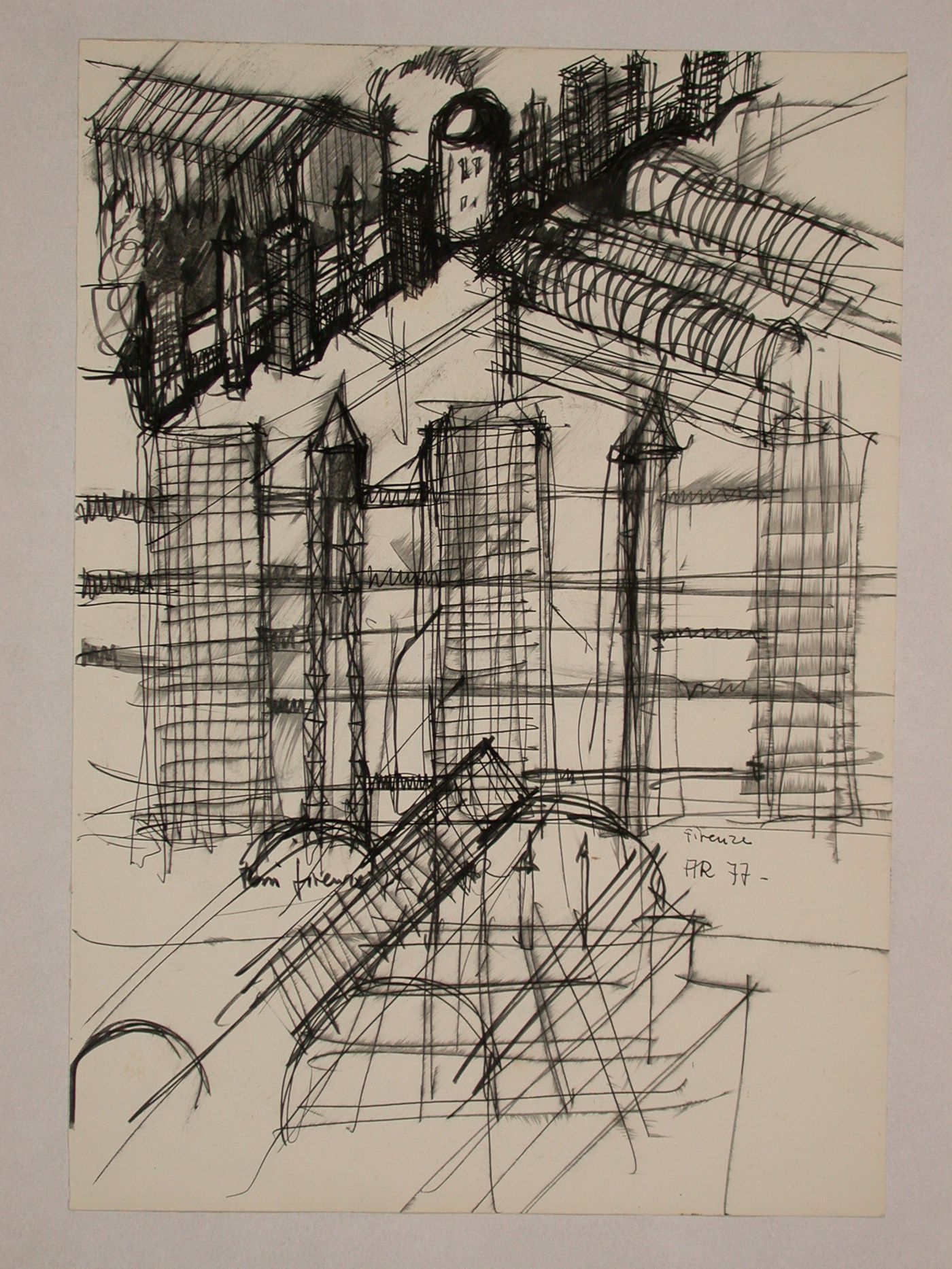 Sketch elevation, sketch section, perspective sketch and sketch detail for Centro Direzionale, Florence