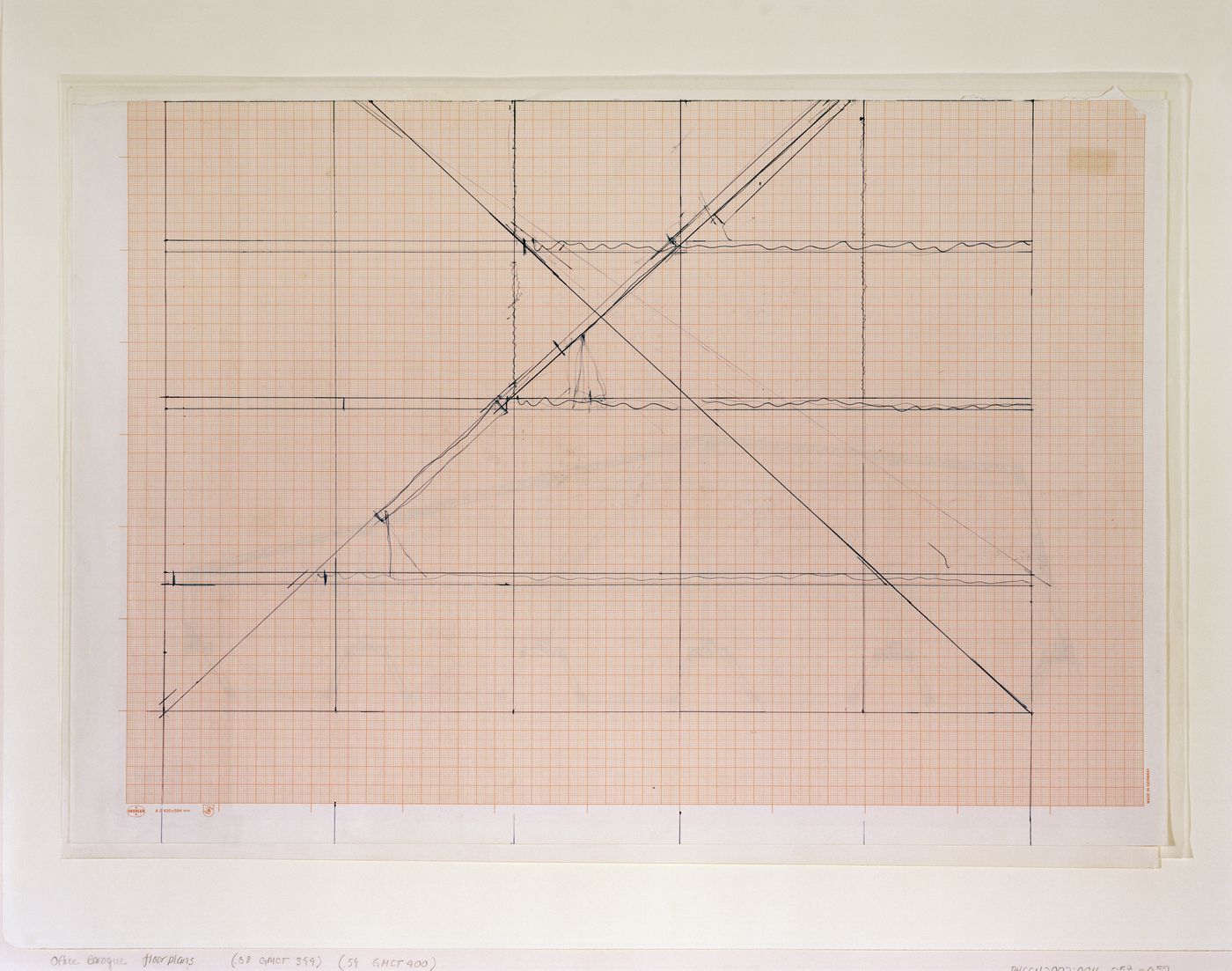 Questioning Pictures: Photograph of floor plan for Office Baroque, blue pen on graph paper by Gordon Matta-Clark, 1977