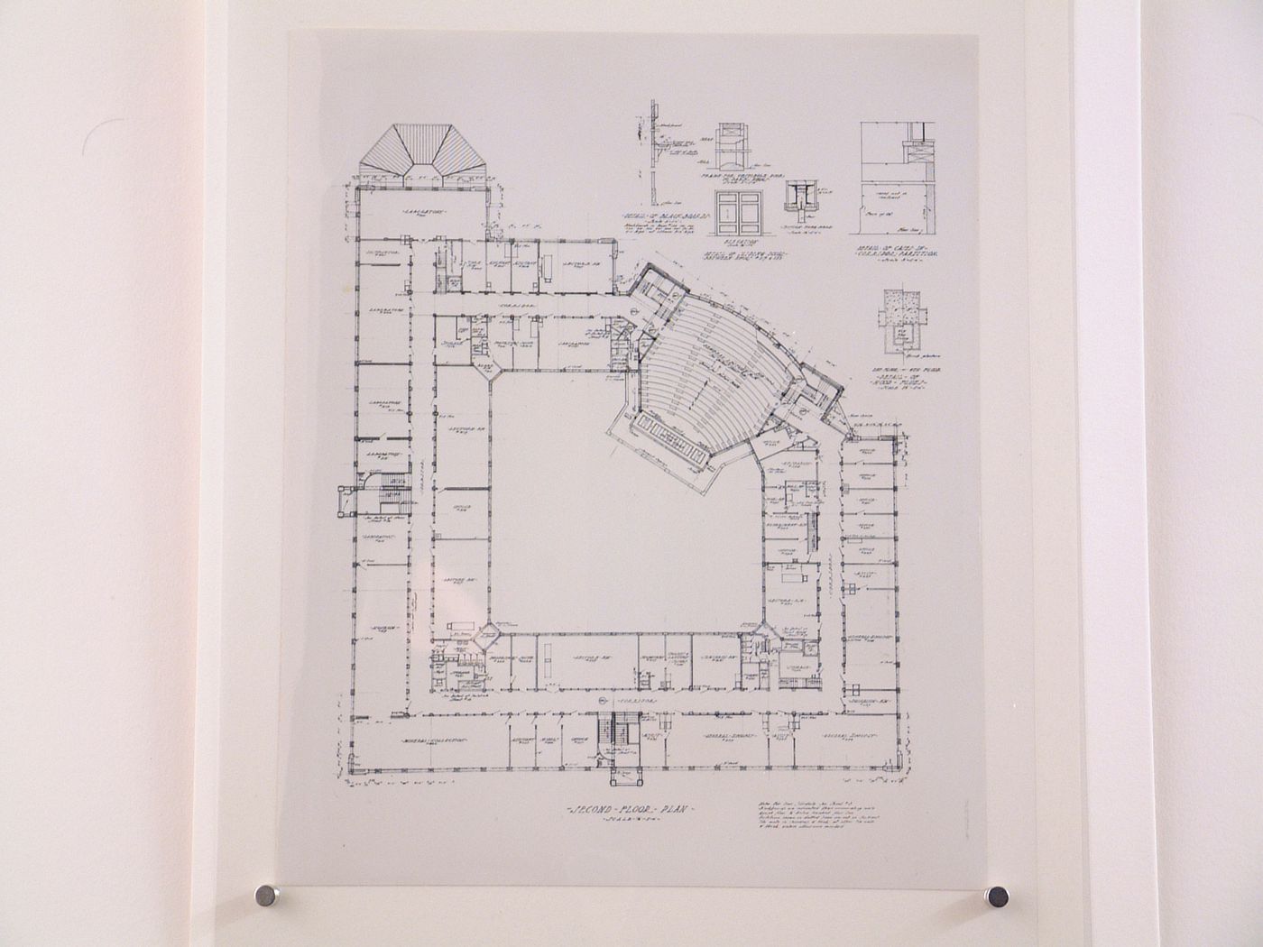 Photograph of a second floor plan and details for hood flues, corridor partitions, blackboards, doors and doorheads for the Natural Science Building (also known as the Krauss Natural Science Building), University of Michigan, Ann Arbor, Michigan