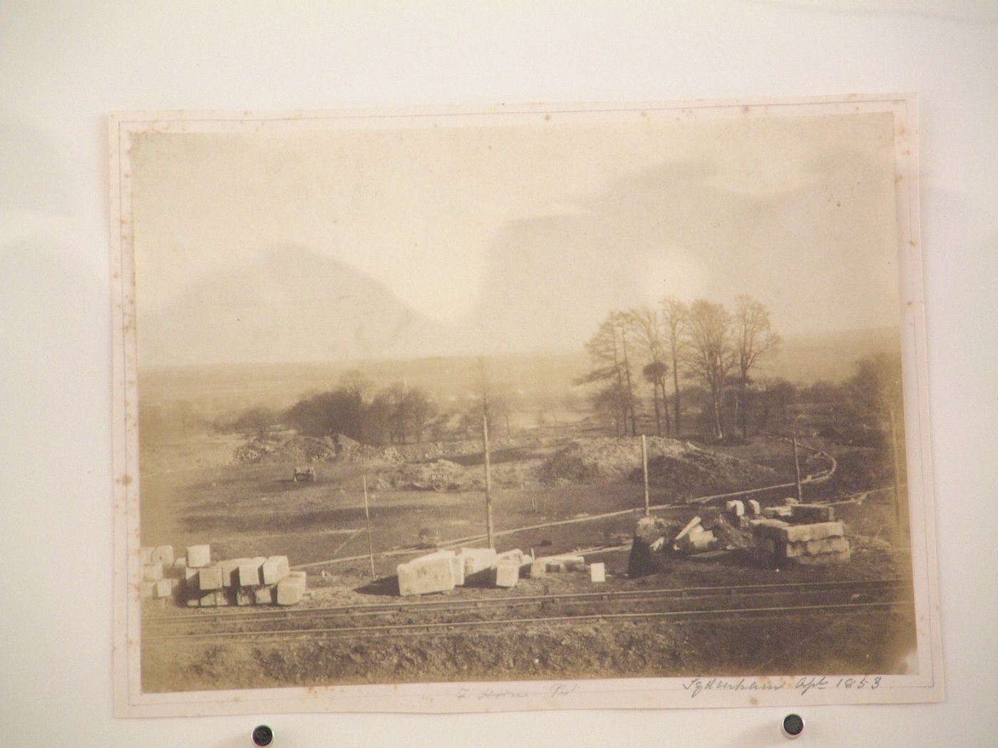 Site of Crystal Palace, view of earth piles and stoneblocks, Sydenham, London, England