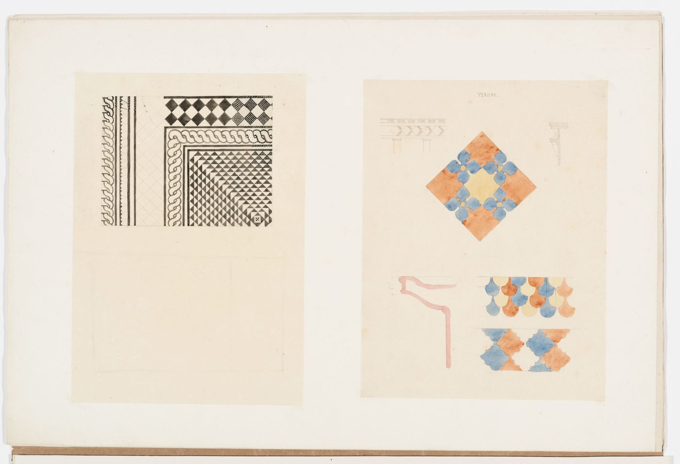 Ornament drawing of a geometric mosaic pattern, probably floor tiles; Elevation, profiles, and details of an entablature decorated with foliage and a geometric pattern, Verona