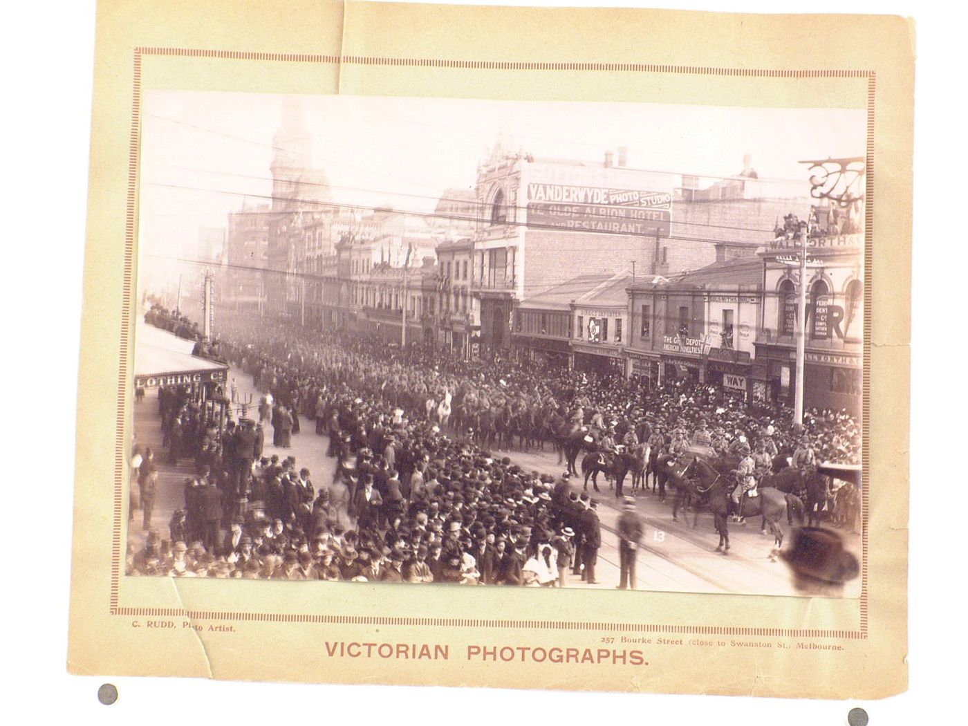 View of a military [?] parade showing a cavalry unit [?], Melbourne [?], Australia