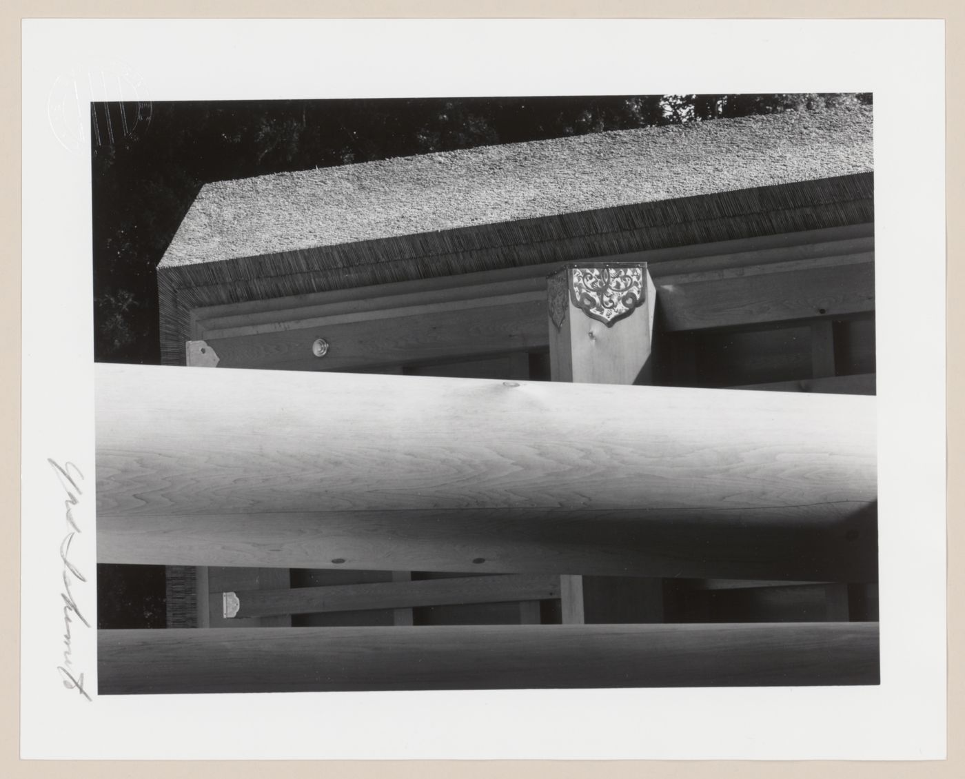 Detail of eaves and a post supporting the ridgeboard of the Shoden [Main Sanctuary], Geku [Outer Shrine], Ise Daijingu (also known as Ise Jingu [Ise Shrine]), Ise-shi, Japan