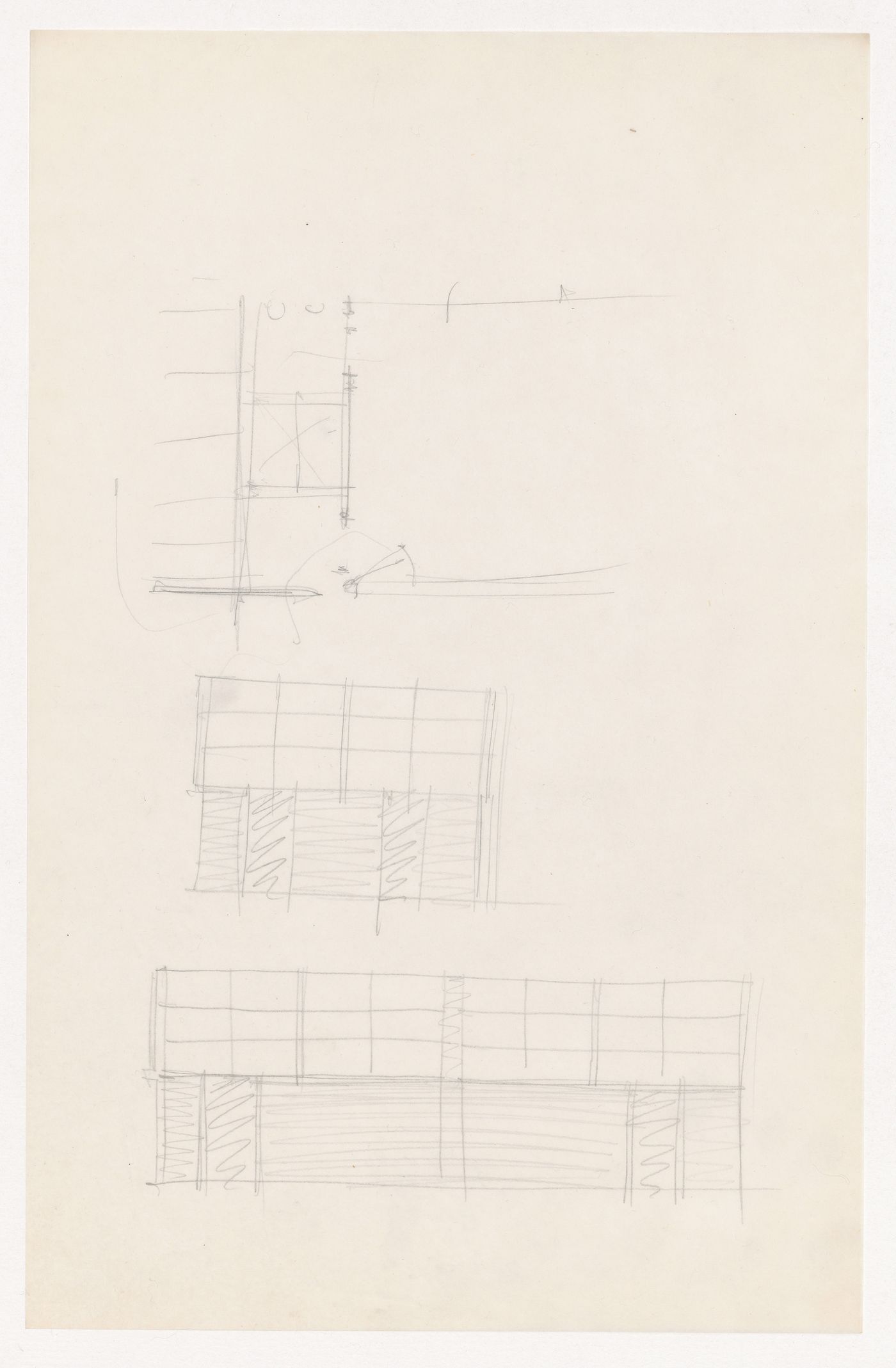 Partial sketch elevations for interior walls and sketch plan for the Gymnasium