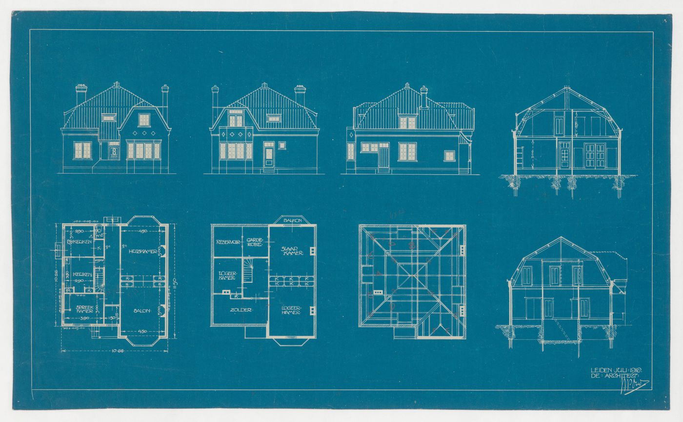 Roof plan, plans, sections and elevations for a house for W. de Geus, Broek in Waterland, Netherlands