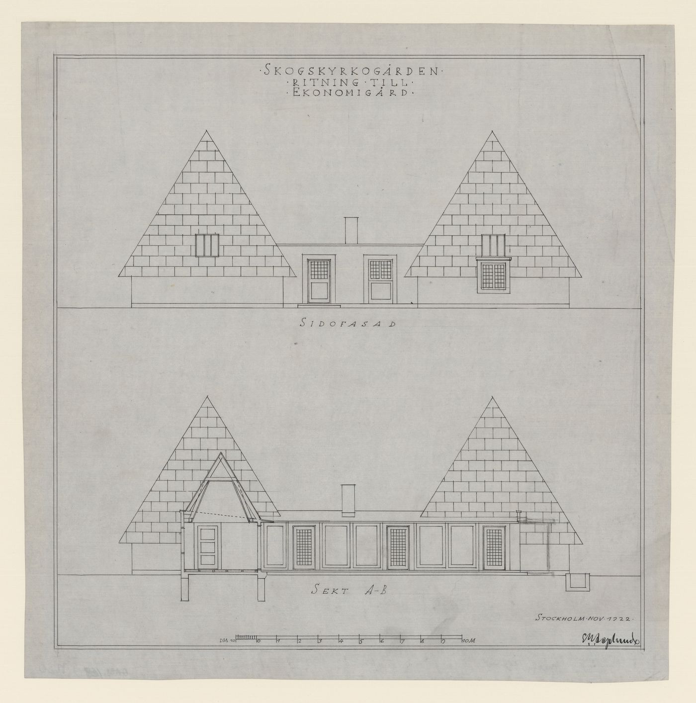 South elevation and section A-B for the Service Building, Woodland Cemetery, Stockholm