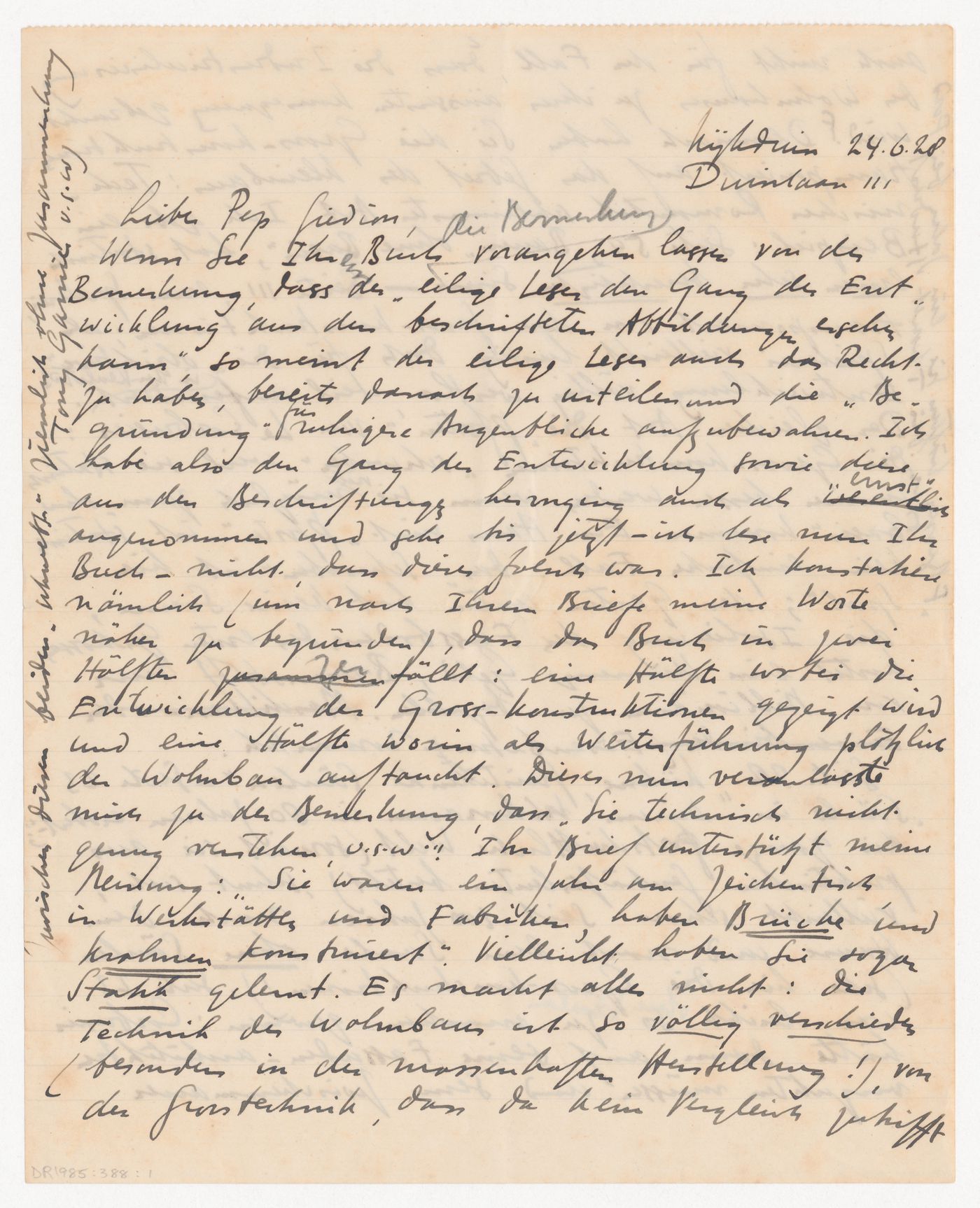 Letter from J.J.P. Oud to Sigfried [Pep] Giedion, 28 June 1924, Rotterdam, Netherlands