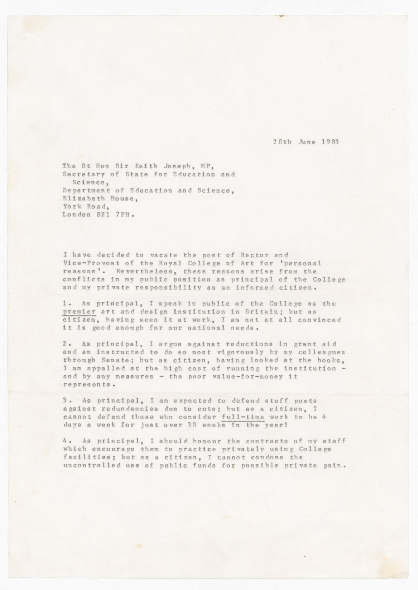 Correspondence from Lionel March to Keith Joseph regarding resignation from Royal College of Art, London