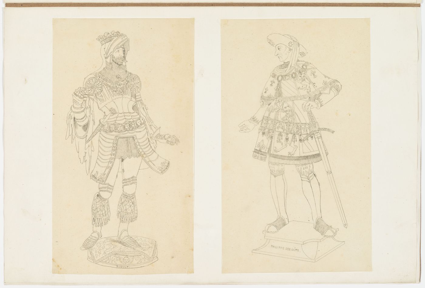 Drawings of statues of Philip the Good, Duke of Burgundy, and Emperor Rufolf of Habsburg, from the cenotaph of Maximilian I in the Hofkirche, Innsbruck