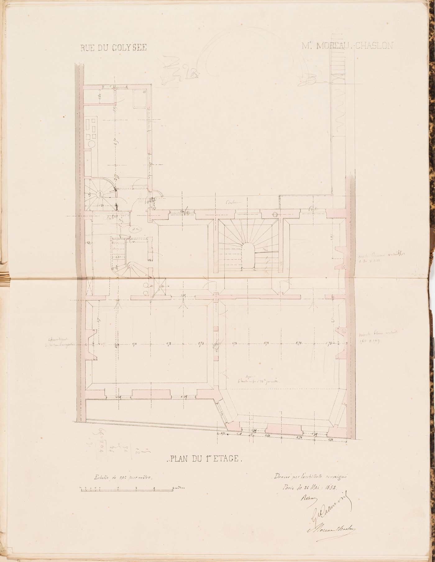 Contract drawings for a house for Monsieur Moreau Chaslon, rue du Colysée, Paris: First floor plan