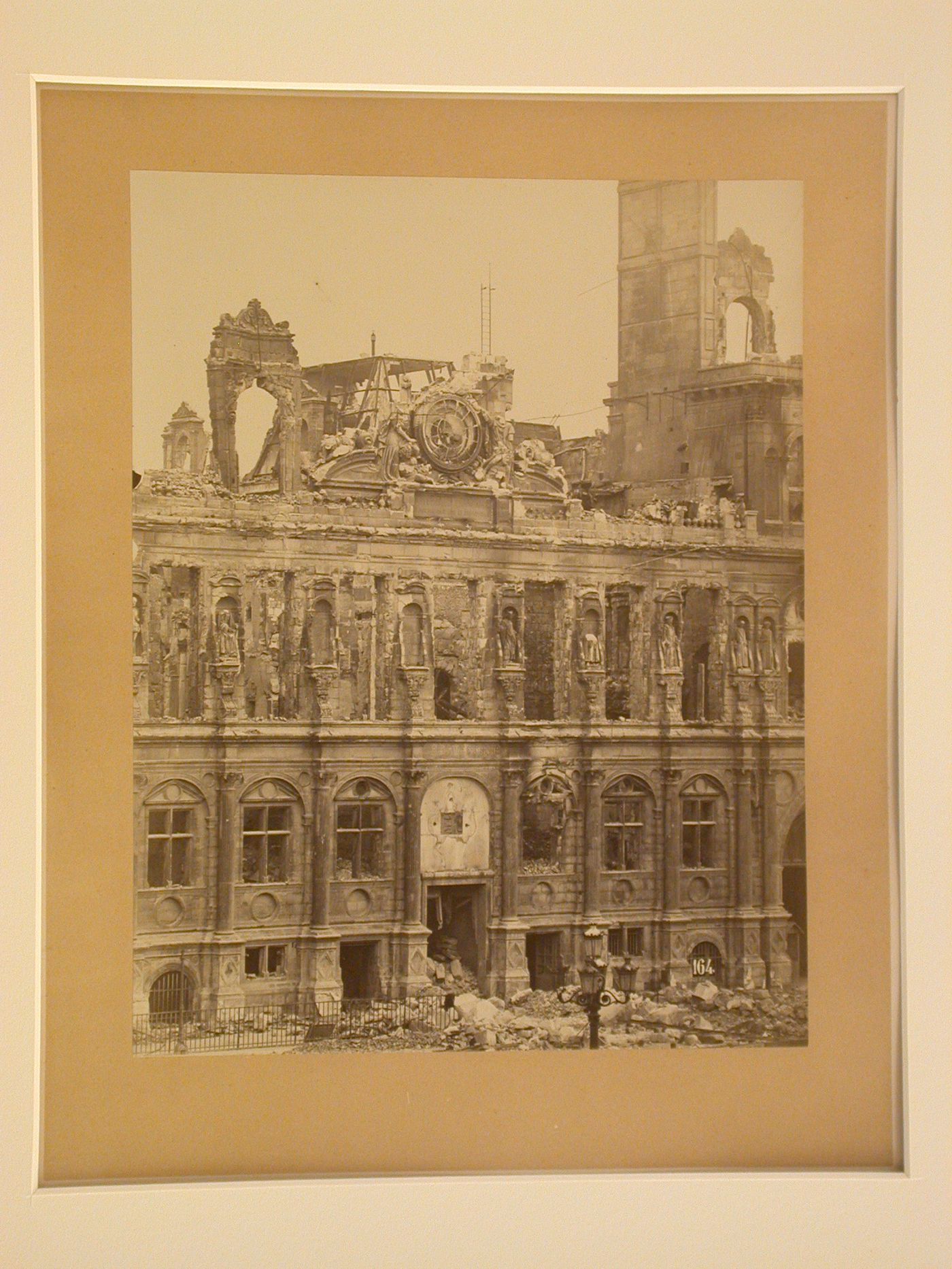 Detail of façade of destroyed Hôtel de ville, Pavillon Central, Paris, France