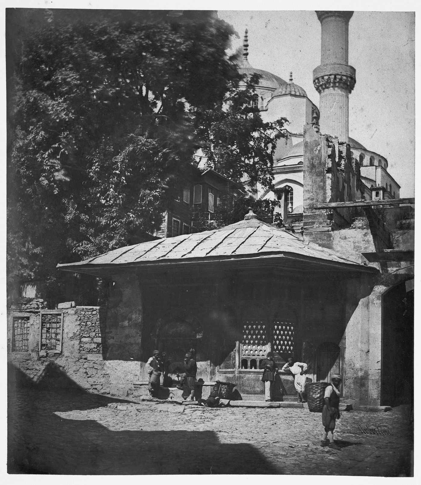 View of a fountain with a mosque in the background, Constantinople (now Istanbul), Ottoman Empire (now in Turkey)