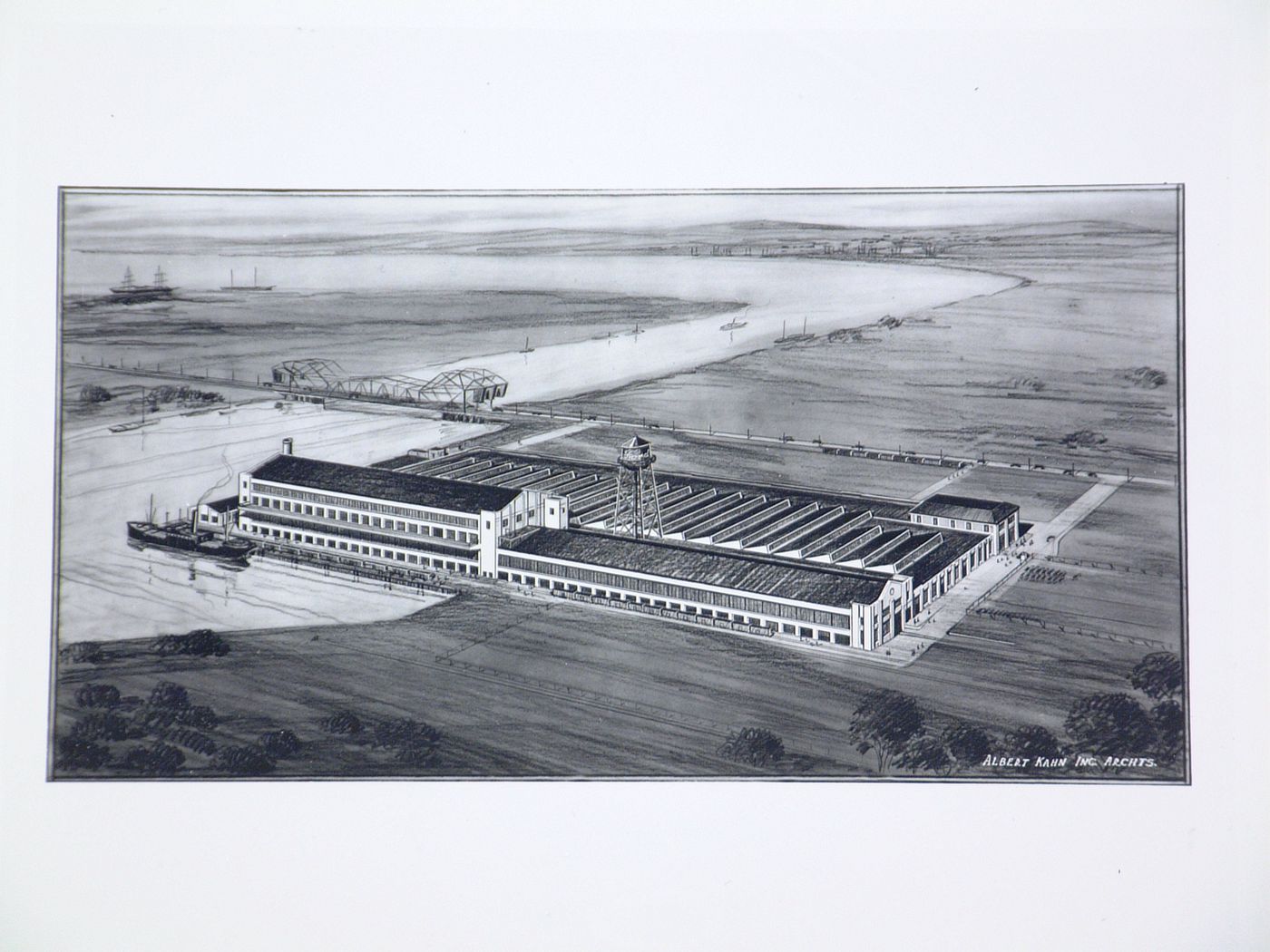 Photograph of a bird's-eye perspective drawing for the Assembly Building, Ford Motor Company Automobile Assembly Plant, Long Beach, California