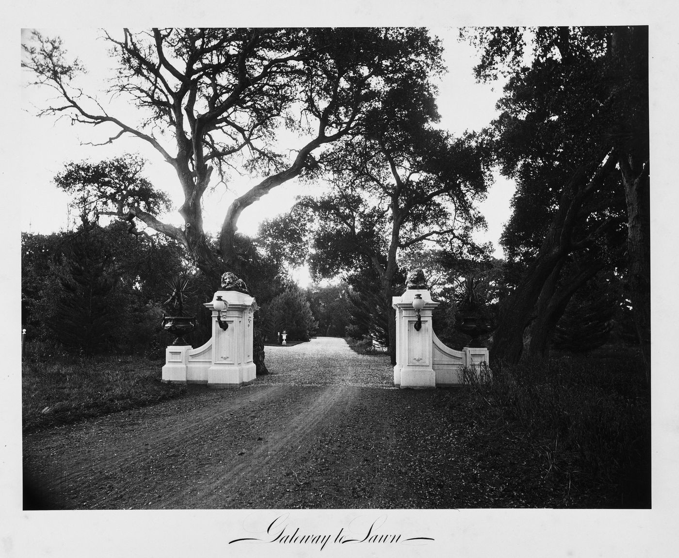 View of the gateway to lawn, Thurlow Lodge, Menlo Park, California